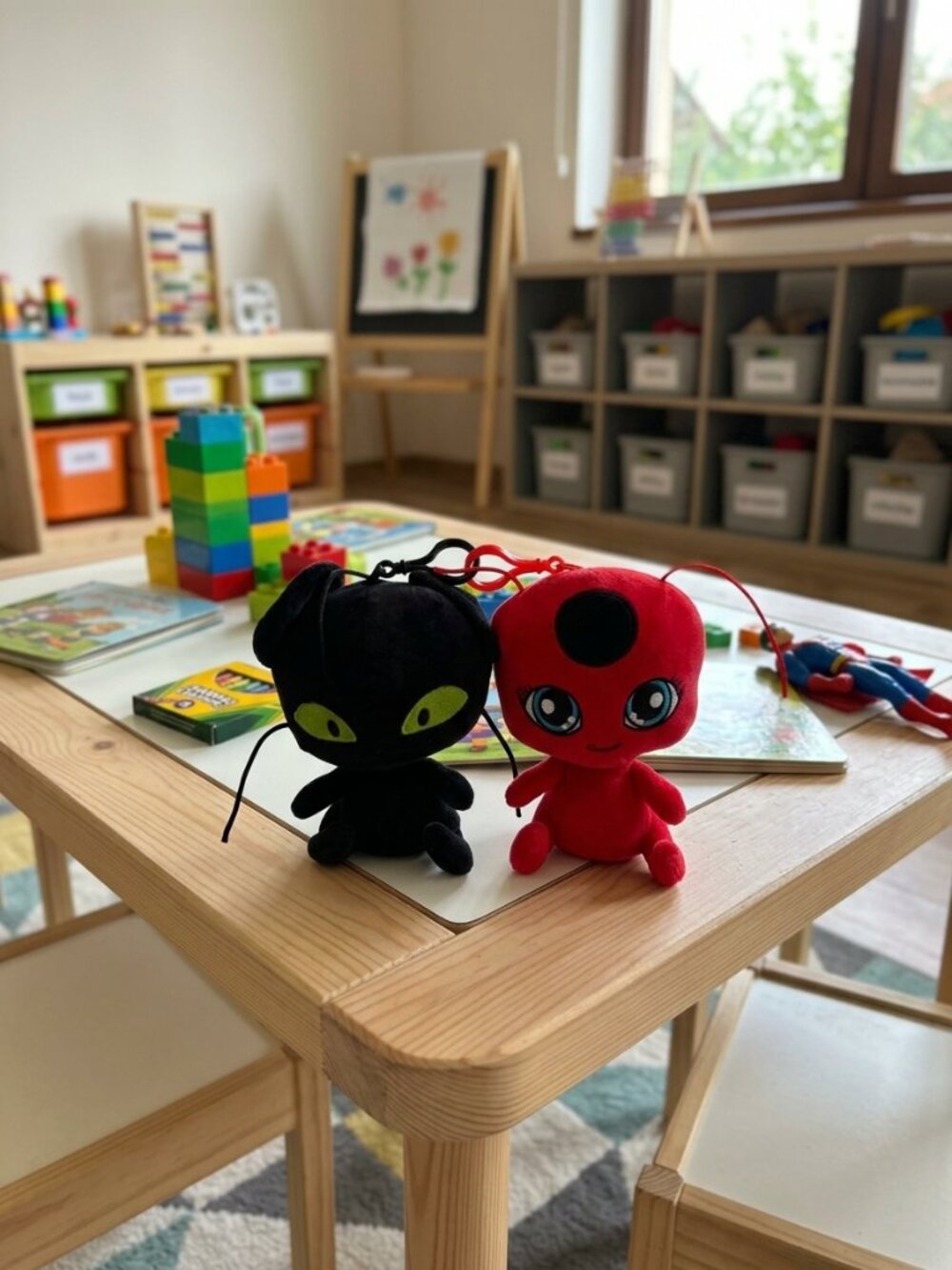 Set of Two Bandai Miraculous Ladybug Plush Staffed Toys Cat Noir Black & Red